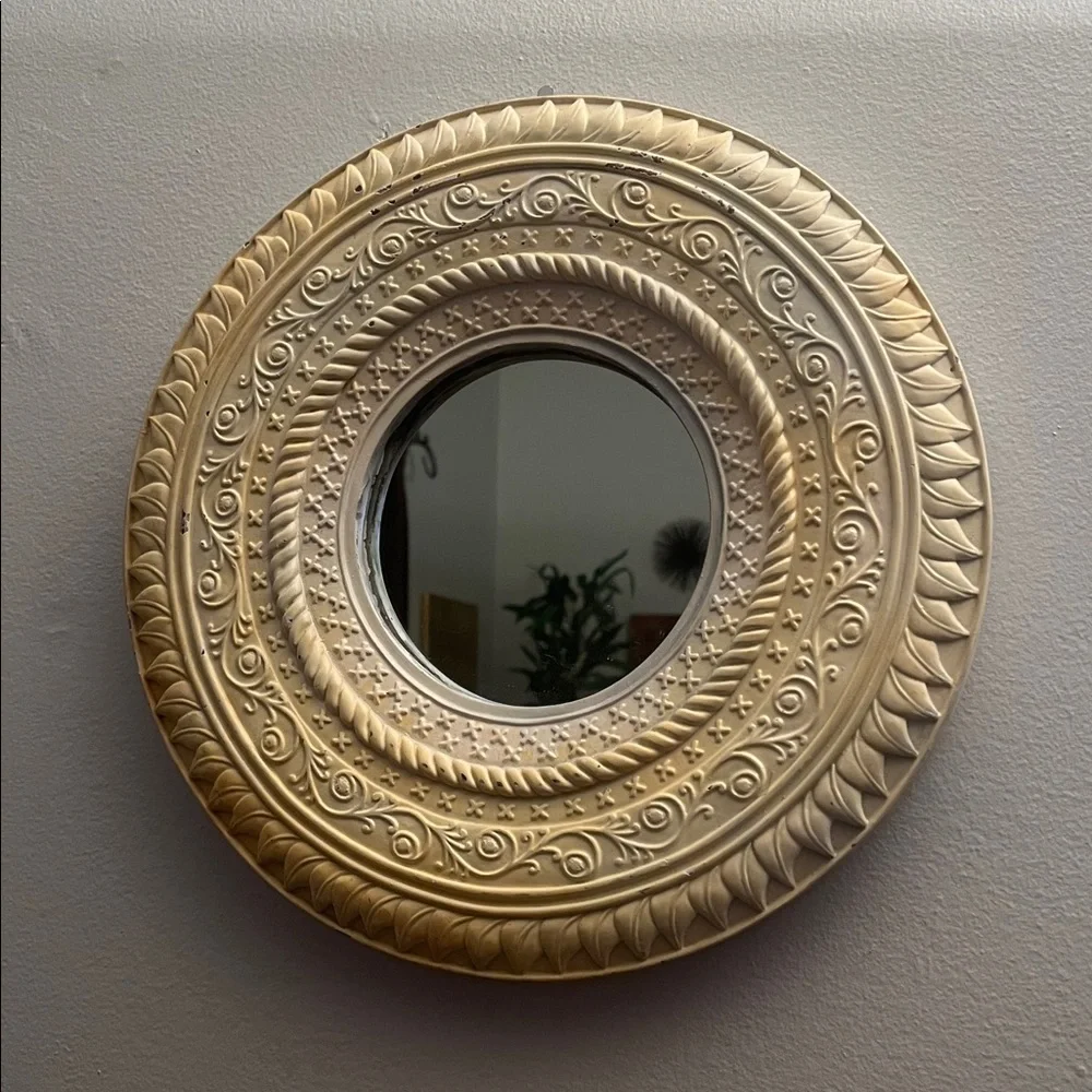 Mirror Y2K Gypsy Bohemian Circle Light Yellow Carved Eclectic Whimsy Nursery 90s